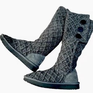UGG Womens Size 7 Lattice Cardy Tall Sheepskin Wool Grey Knit Winter Boots